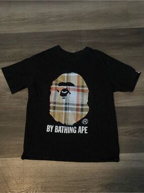 Bape Black Tee with Beige Plaid Ape Logo